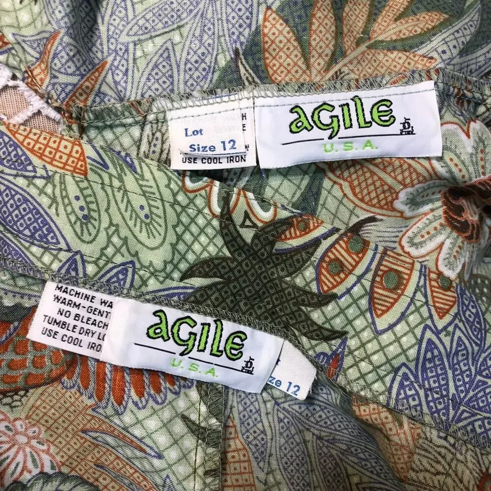 Vintage AGILE tropical Blouse & midi skirt set in green both medium